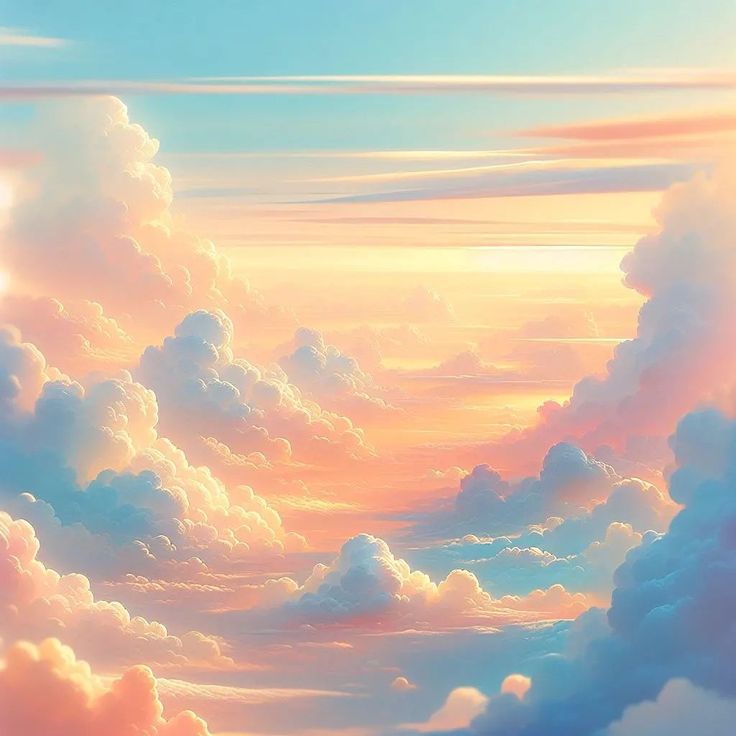 the sky is filled with white clouds and pinkish blue hues in this painting