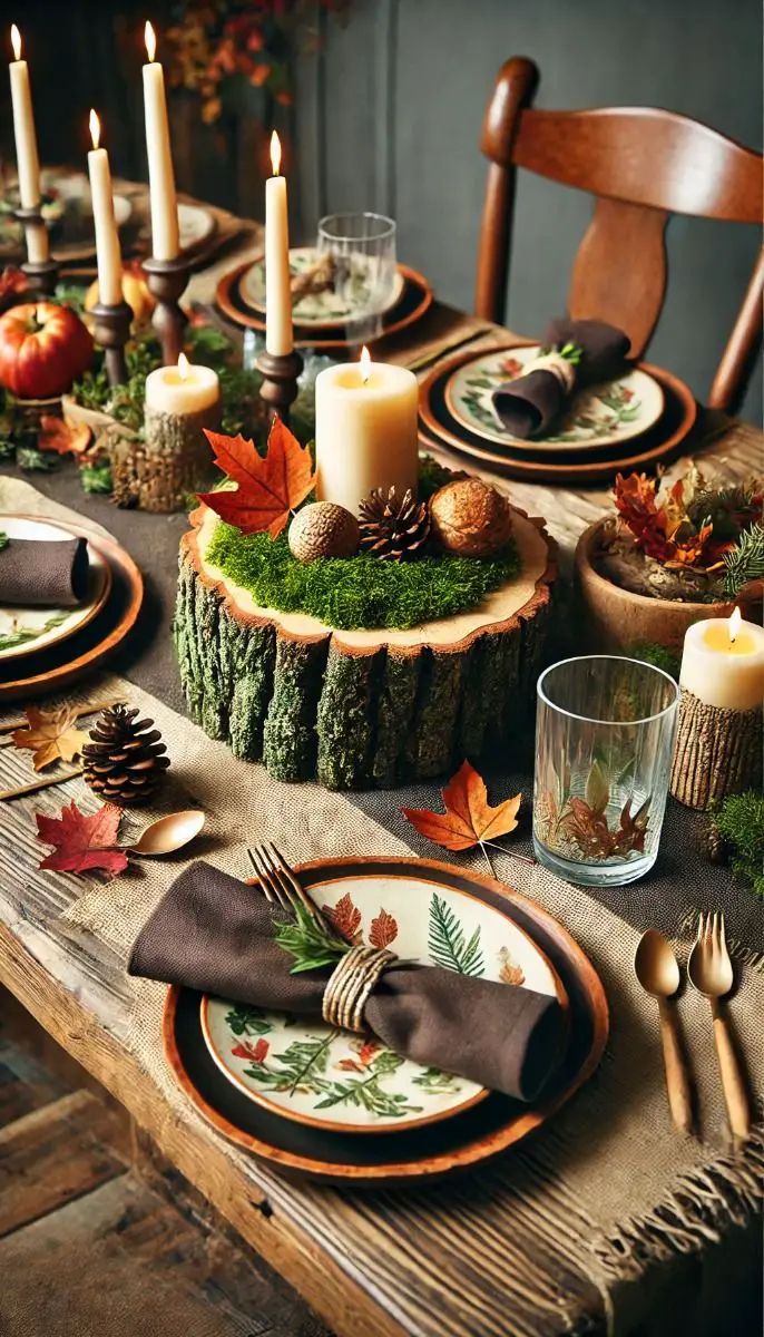 a wooden table topped with plates and candles