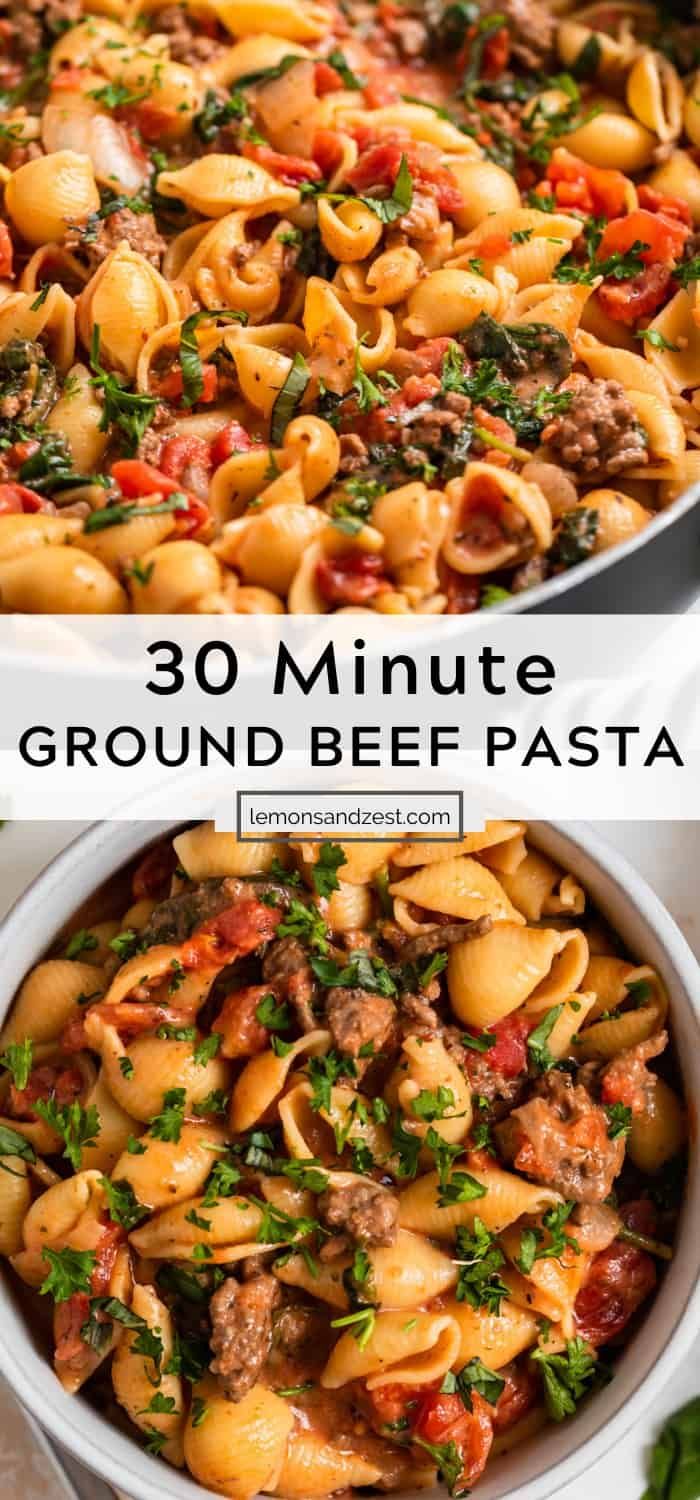 two images with the words 30 minute ground beef pasta in front of it and an image of