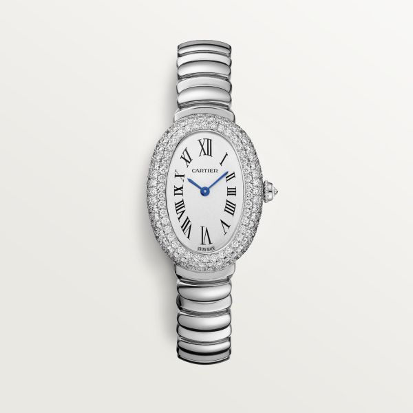 Cartier - Baignoire watch - Watch  - Baignoire de Cartier watch, small model, quartz movement. 18K white gold (750/1000) case set with 227 brilliant-cut diamonds totaling 2.3 carats. 18K white gold (750/1000) beaded crown set with a diamond cabochon totaling 0.08 carats. Silvered dial, blued-steel sword-shaped hands, sapphire crystal. Rhodium-finish 18K white gold (750/1000) bracelet. Length: 31.4 mm, width: 23.1 mm, thickness: 7.6 mm. Water-resistant up to 3 bar (approx. 30 meters/100 feet). Trinity Bracelet, Beaded Crown, The Bling Ring, Amazing Watches, Expensive Watches, Cartier Watch, 3 Carat, Bezel Diamond, Diamond Watch