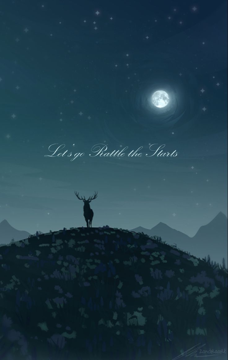 a deer standing on top of a grass covered hill under a night sky with stars