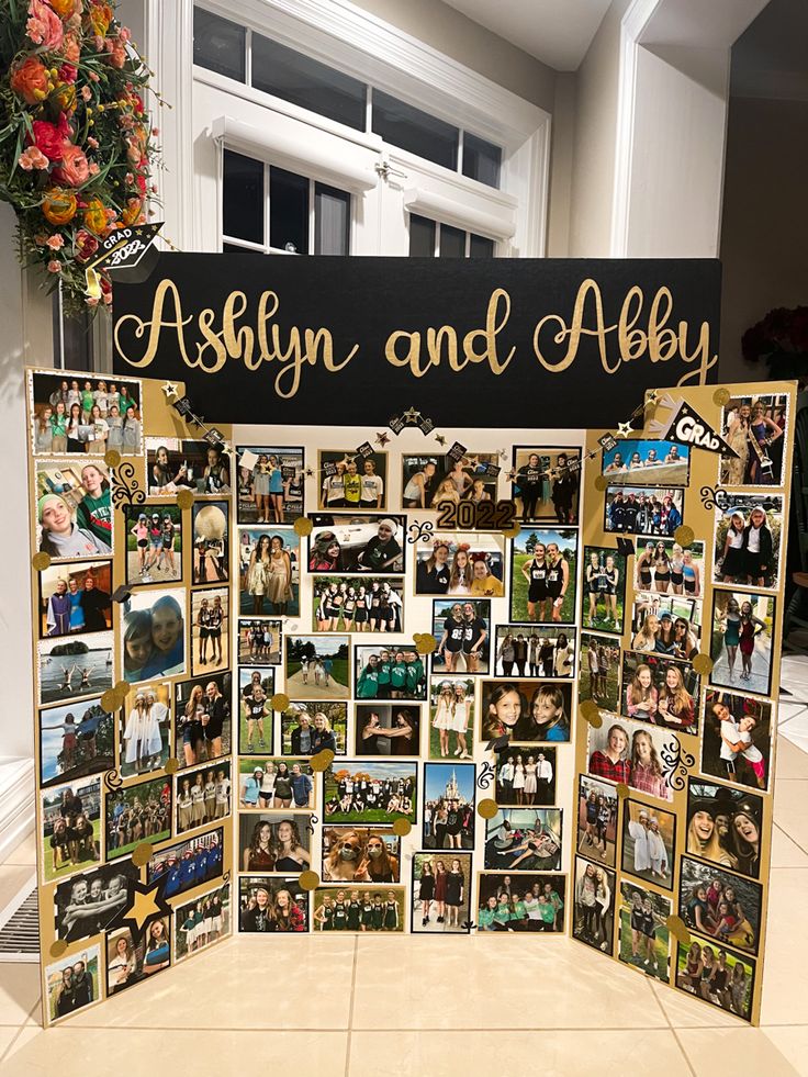 a collage of photos is displayed in front of a sign that says ashlyn and ally