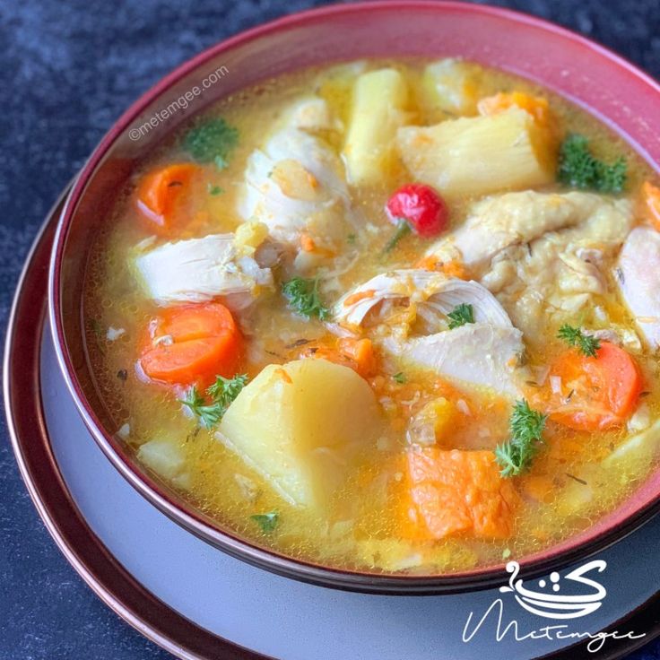 a bowl of chicken and vegetable soup on a plate