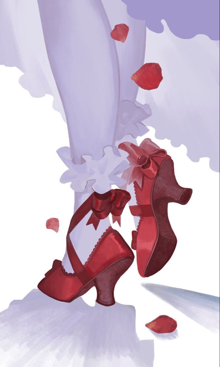 a woman's feet in red high heels with petals falling from the sky behind them