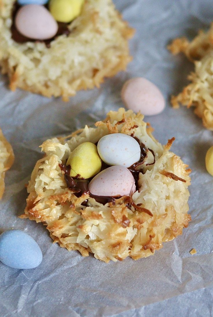 several cookies with eggs and chocolate on top