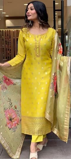 Yellow color Salwar Kameez in Organza Silk fabric with Embroidered work Yellow Salwar Kameez, Yellow Salwar Suit, Organza Salwar, Salwar Kameez Designs Simple, Silk Saree Salwar Suit, Punjabi Suits New Trend, Long Straight Kurta Designs, Salwar Suit Designs Party Wear, Silk Chudidar Salwar Suits