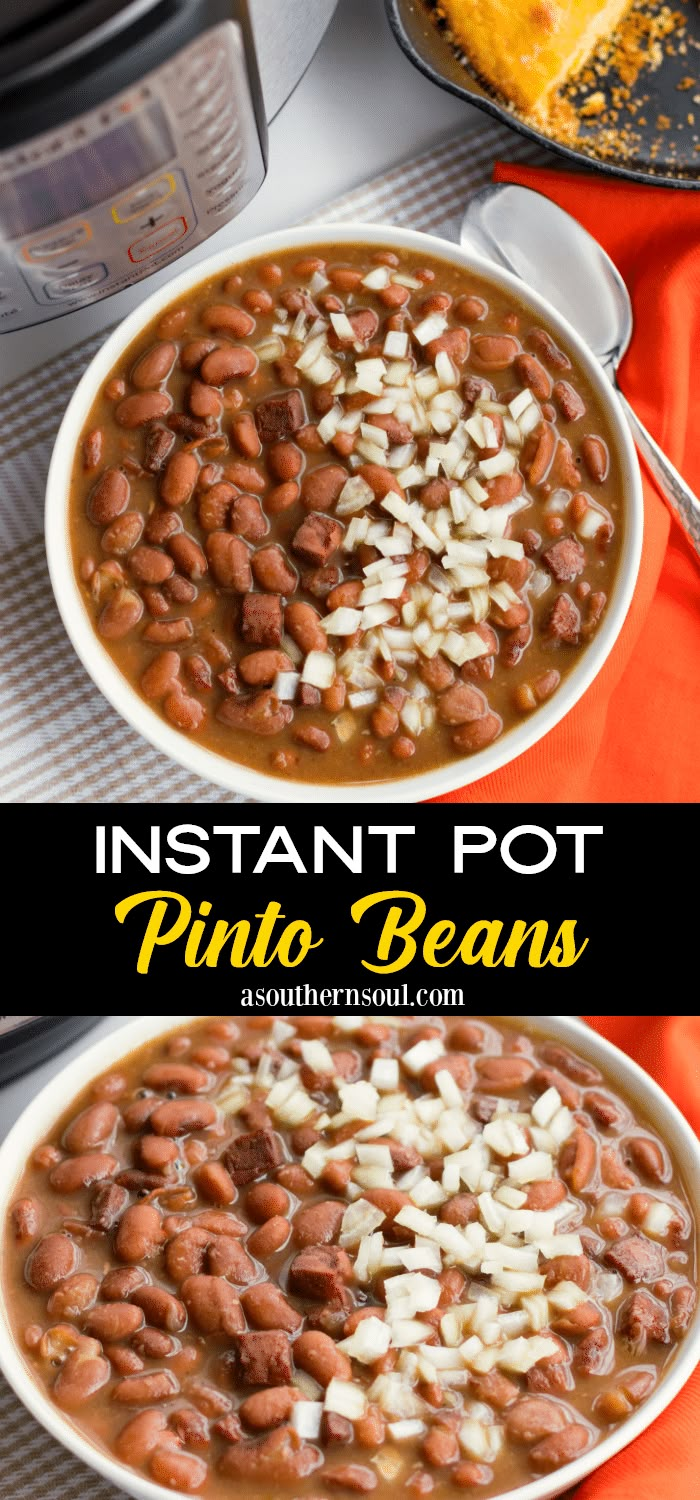 two bowls filled with instant pot pinto beans next to a crockpot and spoon