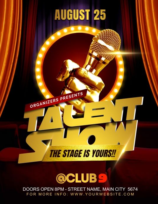 the talent show is coming to town on august 25, with an event poster and microphone