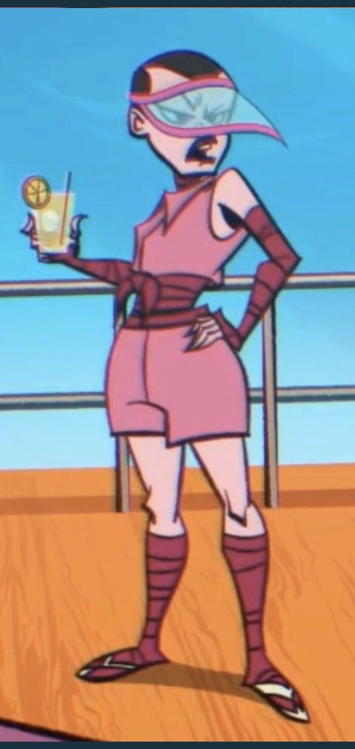 a cartoon character is holding a drink in her hand