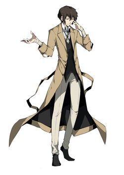 an anime character in a trench coat and tie holding his hands out to the side