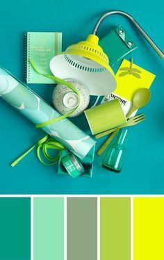 the color scheme is green, yellow and blue with different items on it's side