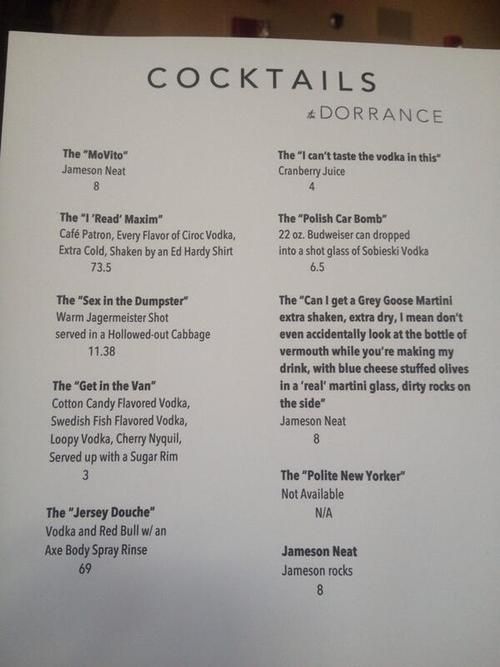 the menu for cocktails and other drinks