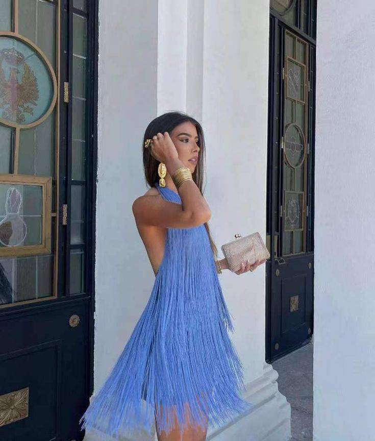 F00188440-102 Light Blue Sundress For Party, Blue Backless Sundress Midi Dress, Light Blue Summer Midi Dress For Night Out, Chic Light Blue Backless Dress, Blue Sundress For Party, Blue Sundress Midi Dress For Party, Sabrina Dress, Halter Backless Dress, Fringe Mini Dress