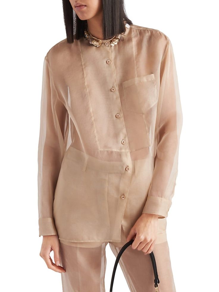 Find PRADA Embroidered Organza Shirt on Editorialist. Embroidered organza shirt. Menswear fit Embroidered collar Front button closure Sleeves with shirt cuffs Patch pocket on the front Made in Italy SIZE 71.5 H. Prada. Color: Beige. Size: 4. Luxury Long Sleeve Sheer Blouse, Luxury Sheer Blouse With Long Sleeves, Luxury Sheer Long Sleeve Blouse, Sheer Long Sleeve Formal Shirt, Formal Long Sleeve Sheer Shirt, Luxury Sheer Long Sleeve Tops, Elegant Sheer Collared Blouse, Chic Sheer Formal Shirt, Chic Formal Sheer Shirt