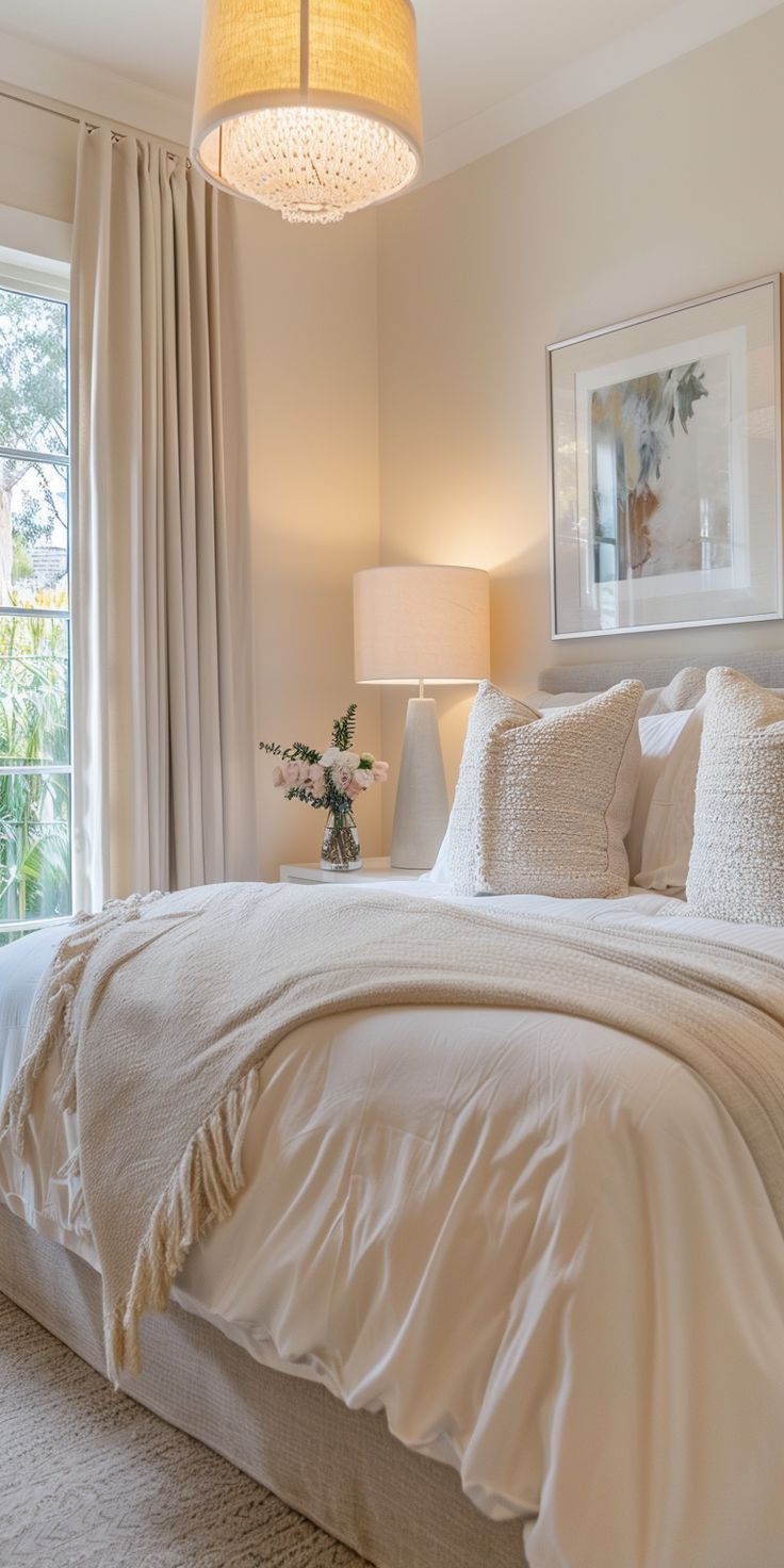 a bedroom with a bed, lamps and pictures on the wall