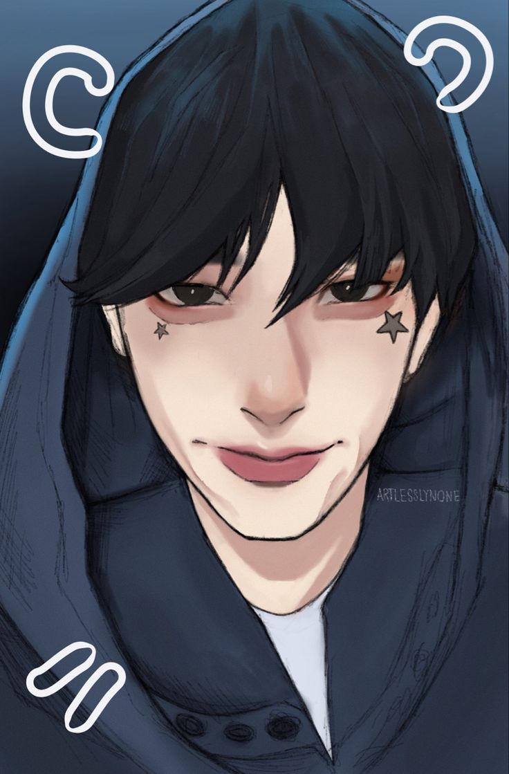 an anime character with black hair wearing a hoodie and stars on his forehead, looking at the camera