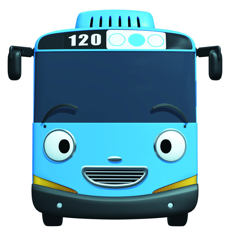 the blue bus has eyes and is smiling