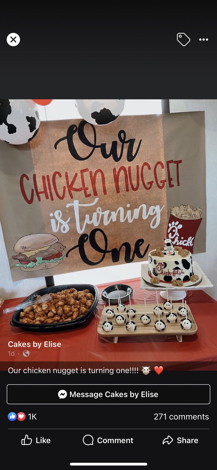 a table topped with lots of food next to a sign that says our chicken nugget is turning one