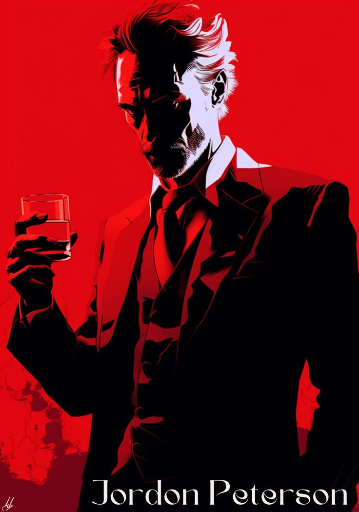 a man in a suit and tie holding a wine glass with the words jordan peterson on it