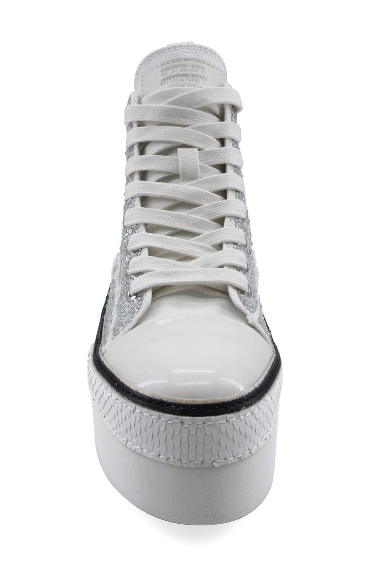 Allover crystals bring dazzling glamour to a sporty high-top sneaker set on a lofty platform sole. 2 1/4" platform Textile upper/leather lining/synthetic sole Imported Mid-top Synthetic Platform Wedge Sneakers, High-top Synthetic Platform Sneakers, High-top Synthetic Wedge Sneakers With Thick Bottom, Mid-top Platform Wedge Sneakers With White Sole, Mid-top White Sole Platform Wedge Sneakers, Platform High-top Synthetic Lace-up Sneakers, Silver Platform Sneakers With Round Toe, High-top Sneakers With Chunky Platform And White Sole, Glitter High-top Sneakers For Streetwear