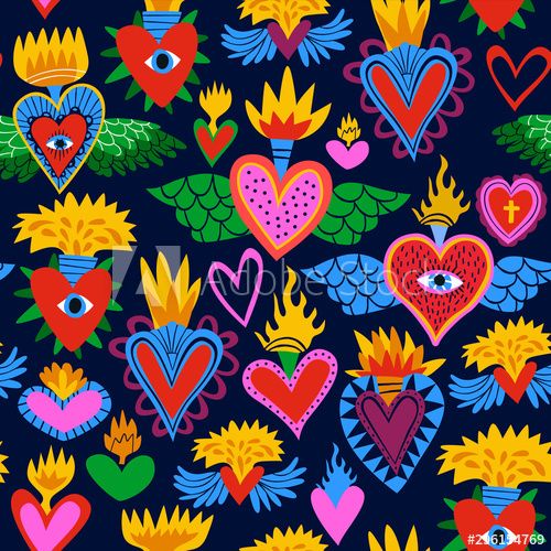 colorful hearts and flowers with an eye in the center on a black background stock photo