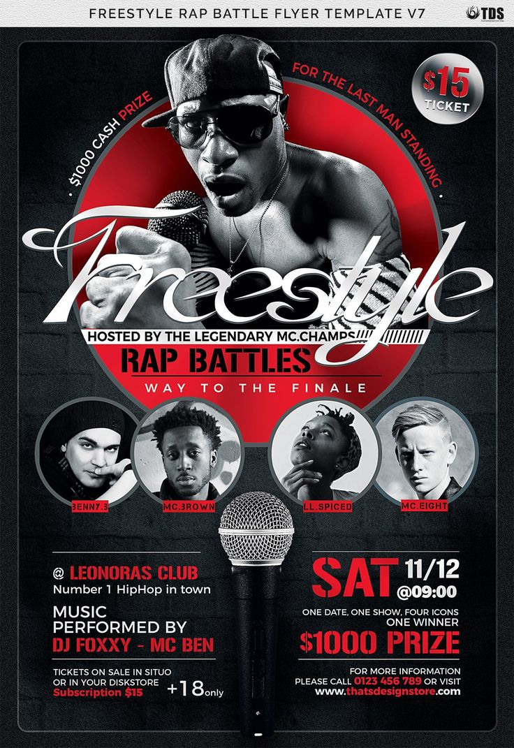 a flyer for a rap battle featuring two microphones and an image of a man in sunglasses