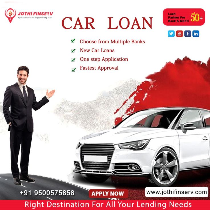 a man standing next to a white car in front of a red background with the words car loan on it