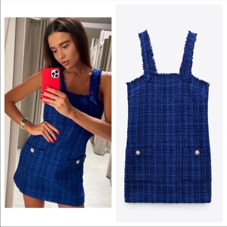 Nwt! Gorgeous Blue Plaid Mini Tweed Dress In Size Medium. Very Versatile. It’s Reminiscent Of Chanel, Maje Or Balmain. Zara Tweed Dress, Blue Tweed Dress, Zara Tweed, Blue Tweed, Zara New, Short Dresses Casual, Tweed Dress, Pinafore Dress, Straight Neckline