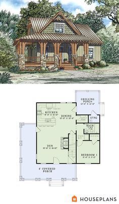 the floor plan for a small cabin house with loft and living area, including an upstairs bedroom