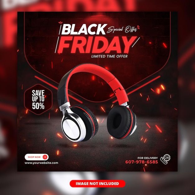 black friday sale ad with headphones on display in front of red and white background