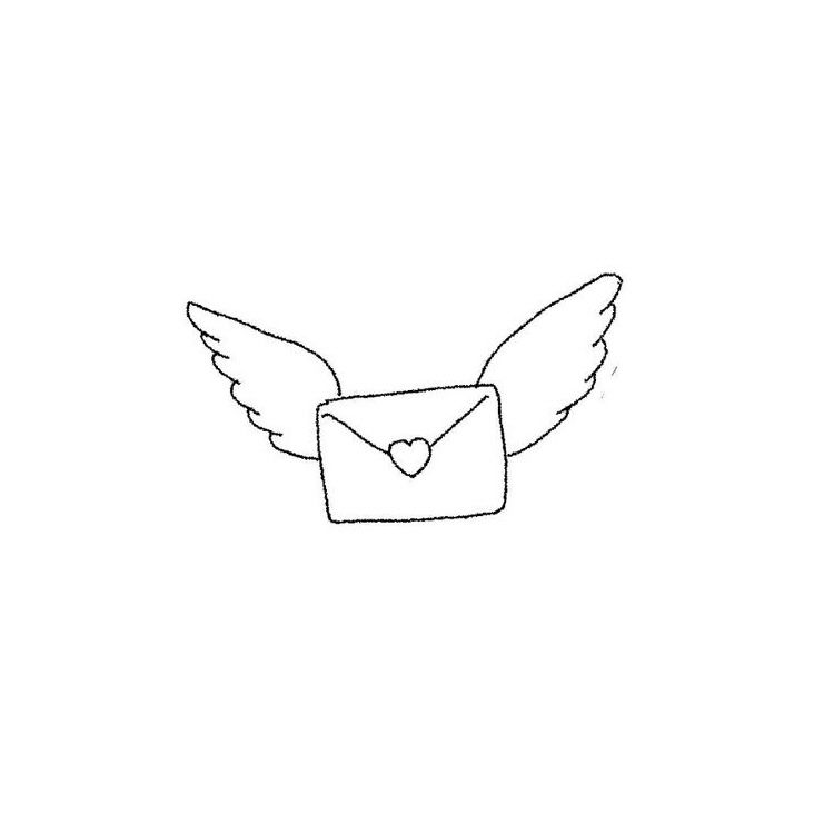 an envelope with wings and a heart in the middle is drawn on a white background