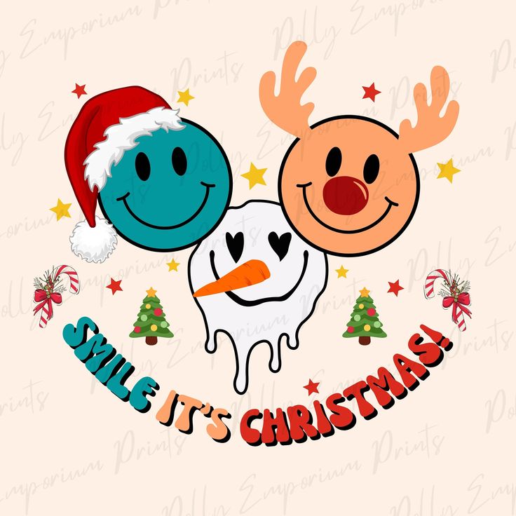 an image of a christmas card with two cartoon characters in santa hats and snowmen