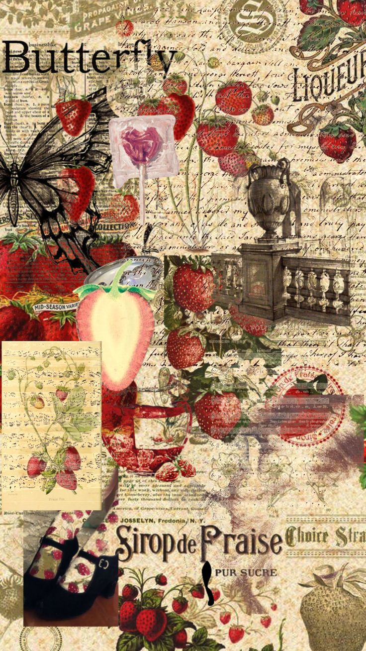 a collage of images with butterflies, strawberries and other things on the page