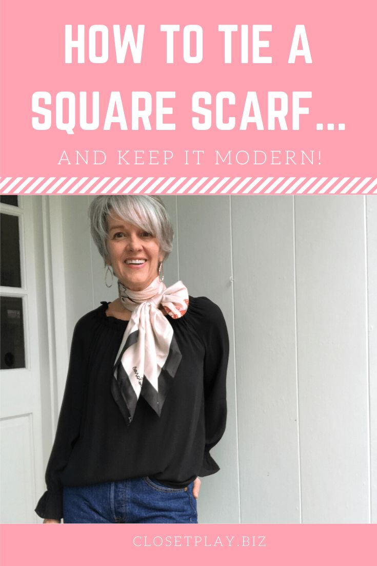 Check out the post for the best way to get started folding that square scarf to prevent slipping, sliding, and the grandma vibe!  #scarfstyle #closetplayimage #silkscarf Fold A Scarf, Tie A Square Scarf, Scarf Sizes, How To Wear A Blanket Scarf, Silk Scarf Tying, Black Closet, Outfit Hacks, Simple Style Outfits, Large Silk Scarf