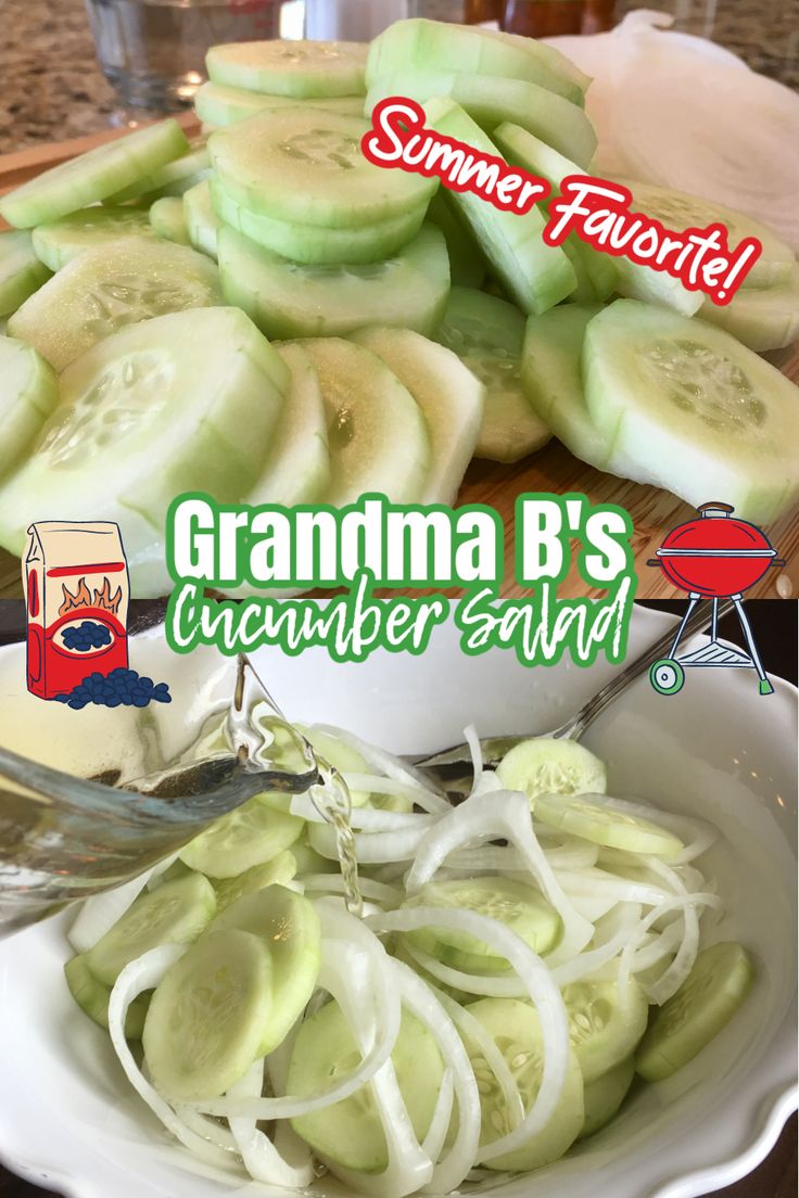 This is a two photo collage. The top photo shows cucumber sliced on a cutting board. The bottom photo shows sliced cucumber and onion in a white bowl, with the vinegar mixture being poured over top. Cumber Salad Recipes Onions, Cucumbers In Vinegar And Sugar, Apple Cider Vinegar Cucumbers And Onions, Old School Cucumber Salad, Grandmas Cucumbers And Onions, Cucumber Onion Vinegar Recipe, Cucumber Onions And Vinegar, Apple Cider Vinger Cucumber, Cucumber Apple Cider Vinegar