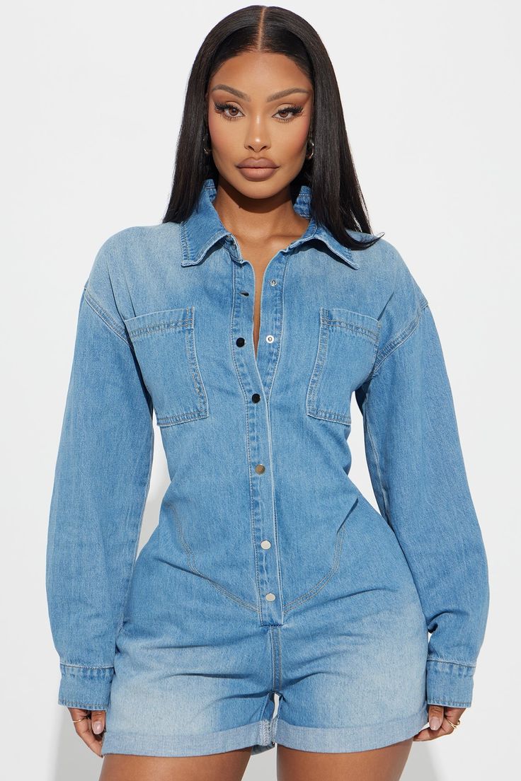 Extra Fits, Beautiful Photoshoot Ideas, Comfy Clothes, Beautiful Photoshoot, Denim Romper, Button Up Long Sleeve, Cuffed Shorts, Photoshoot Ideas, Pocket Detail