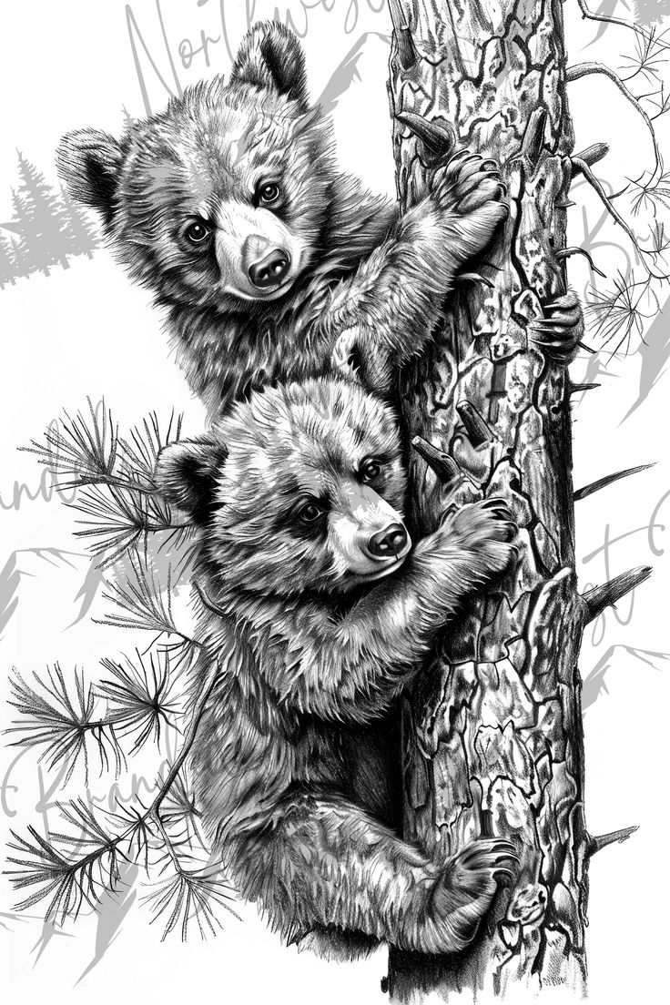 two bears are climbing up the side of a tree in this black and white drawing