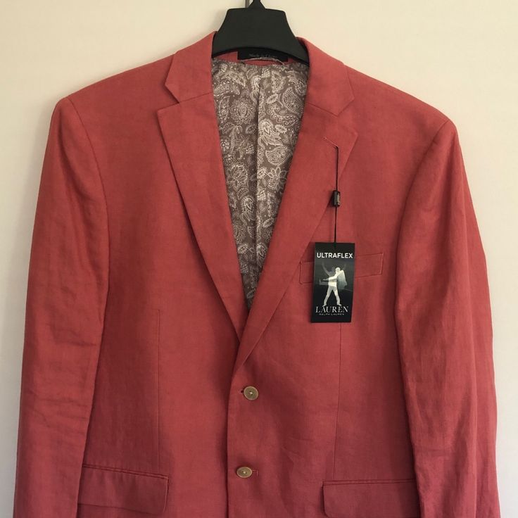 Ralph Lauren Men’s Sport Coat 42 Regular New With Tags, Imported Linen. Timeless Classic Elegance For These Summer Months. Classic Red Blazer With Welt Pockets, Red Notch Lapel Blazer With Welt Pockets, Red Formal Outerwear With Welt Pockets, Red Single-breasted Suits For Spring, Red Fall Blazer With Welt Pockets, Semi-formal Red Outerwear With Welt Pockets, Red Semi-formal Outerwear With Welt Pockets, Red Long Sleeve Suits With Pockets, Red Semi-formal Outerwear With Pockets