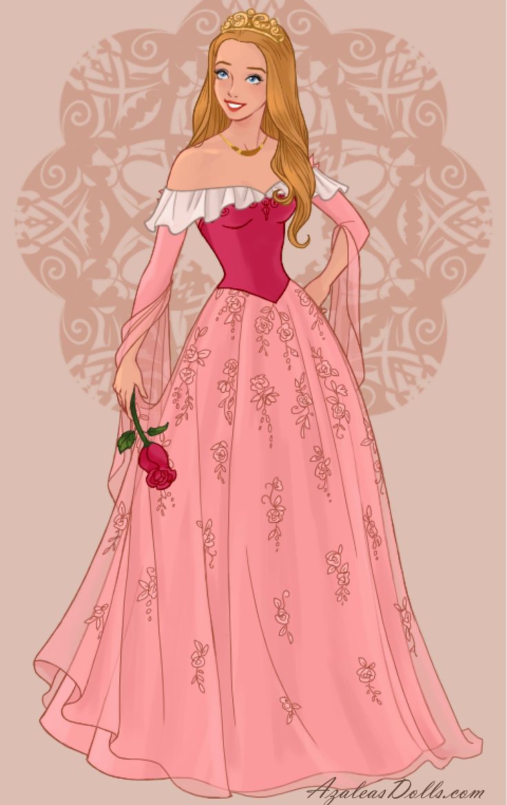 a drawing of a woman in a pink dress with roses on the skirt and long sleeves