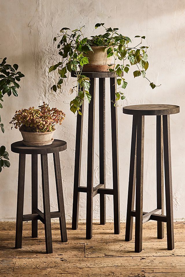 three wooden stools with plants in them