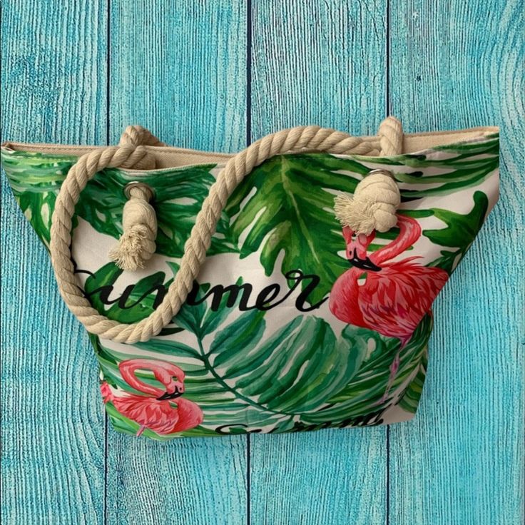 New , Never Used , Flamingo Print Beach Bag, Polyester Lining , Cotton Fabric Exterior, And Little Zippered Inside Pocket Approx 17.5"*12.5"*4", 10.5" Handle Drop Tropical Summer Vacation Shoulder Bag, Tropical Summer Tote Shoulder Bag, Tropical Style Summer Travel Shoulder Bag, Multicolor Tropical Shoulder Bag For Vacation, Tropical Multicolor Shoulder Bag For Vacation, Tropical Beach Tote Shoulder Bag, Pink Summer Beach Bag For Vacation, Summer Pink Beach Bag For Vacation, Tropical Style Beach Tote Shoulder Bag