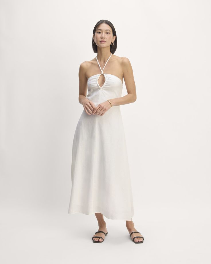 The Linen Halter-Neck Dress Open Back White Dress, Fitted Top, Halterneck Dress, Midi Length Dress, Linen Women, Fitted Bodice, A Line Skirt, Workout Tops, Halter Neck