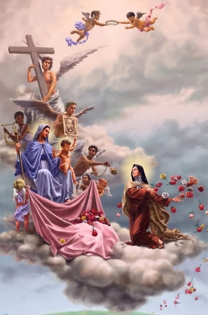 an image of jesus on the clouds with many other people around him and his cross