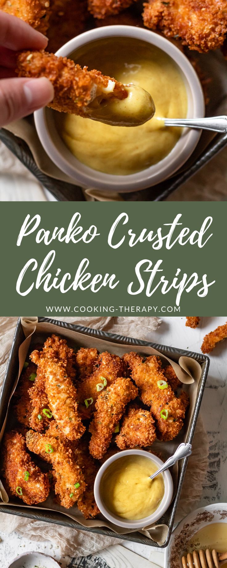 fried chicken strips in a pan with dipping sauce on top and the words, parmesan crusted chicken strips