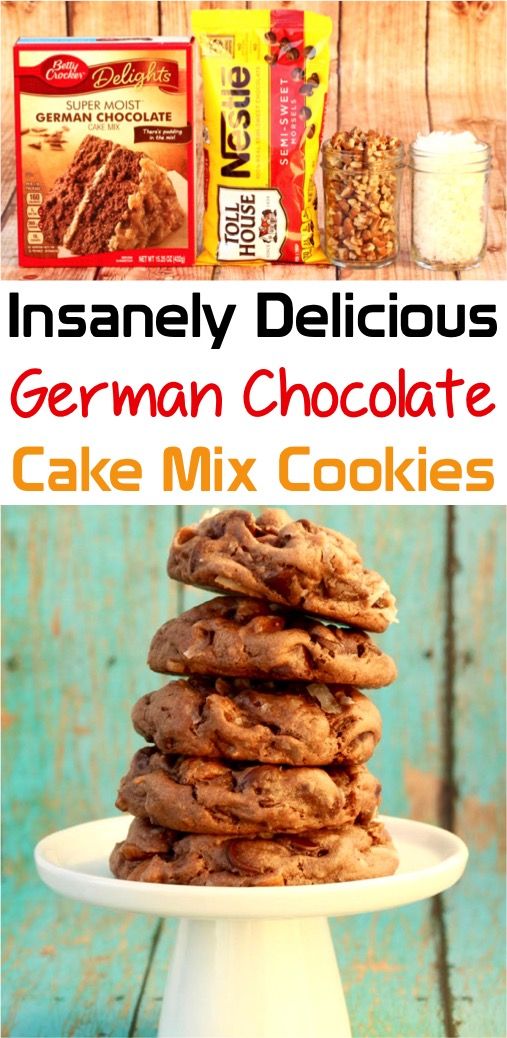 the german chocolate cake mix cookies are stacked on top of each other