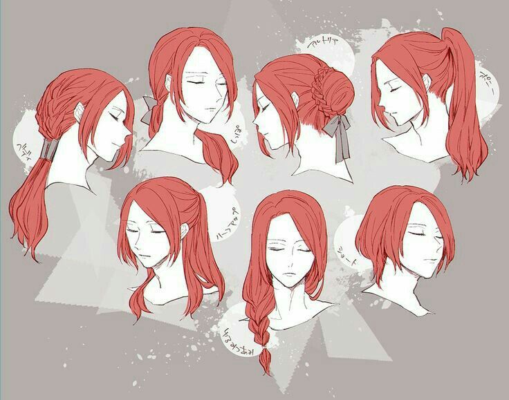 some red hair is shown with different angles and shapes on the side, including long bangs