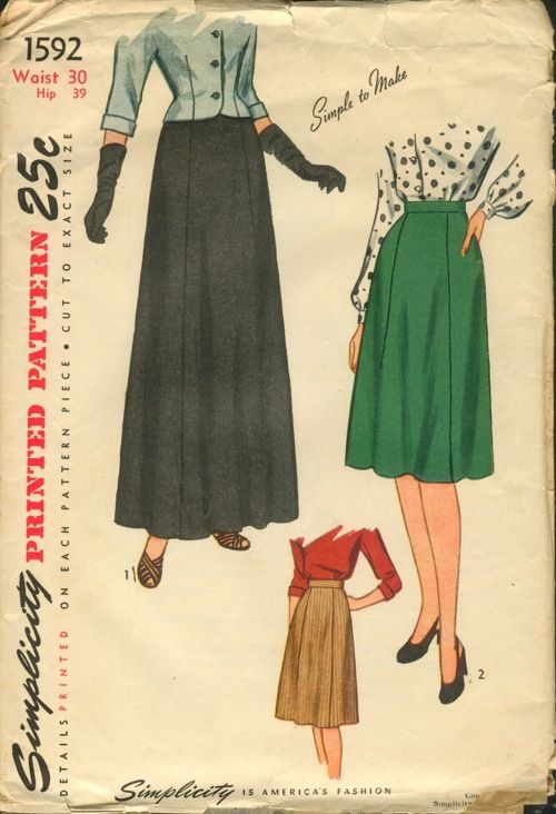 Simplicity 1592; ©1945; Women's Evening and Daytime Skirt: The skirt, cut in six sections, falls in an easy flare. It is joined to a waist band and finished with a side opening. Style I is evening length and Style II is street length. | Vintage Patterns Wikia Ladies Evening Wear, Big Shoulders, Simplicity Patterns, 1940s Fashion, Waist Band, Vintage Sewing, Vintage Patterns, Evening Wear, A Line Skirts