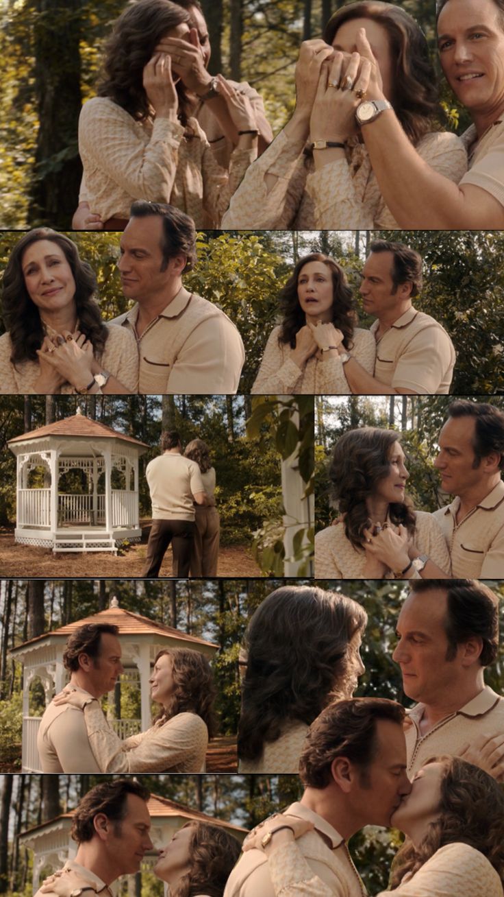 a man and woman are hugging each other in front of a gazebo with trees behind them