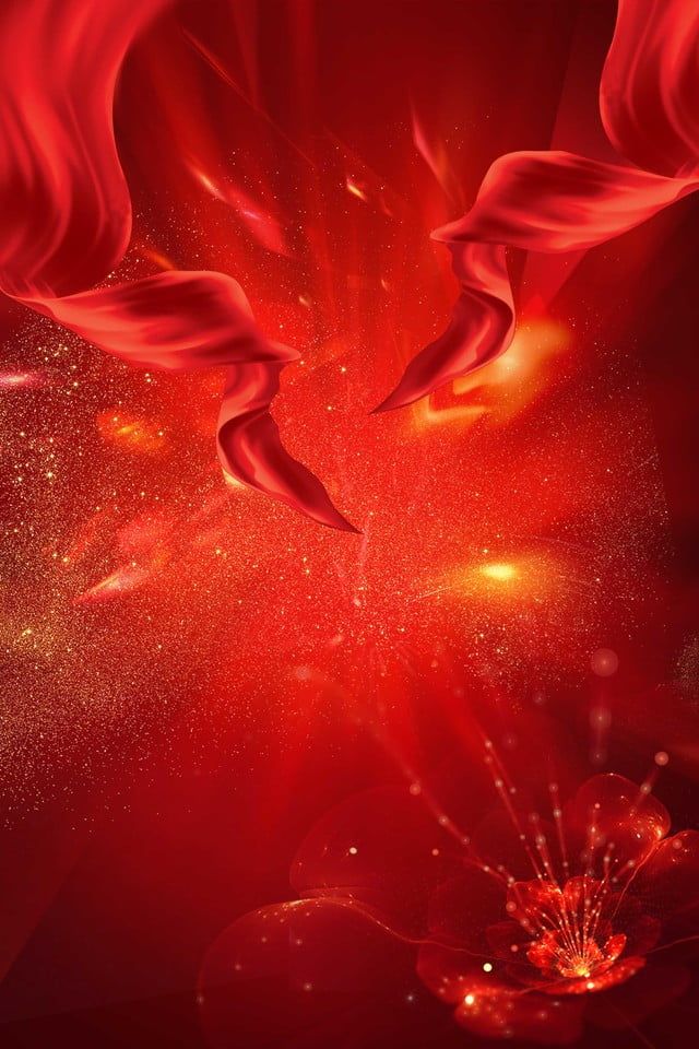 an abstract red background with flowing fabric and sparkles in the air, on a black background