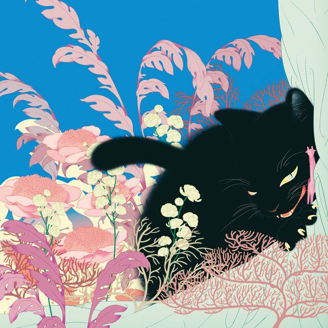 a black cat laying on top of a lush green field next to pink and white flowers